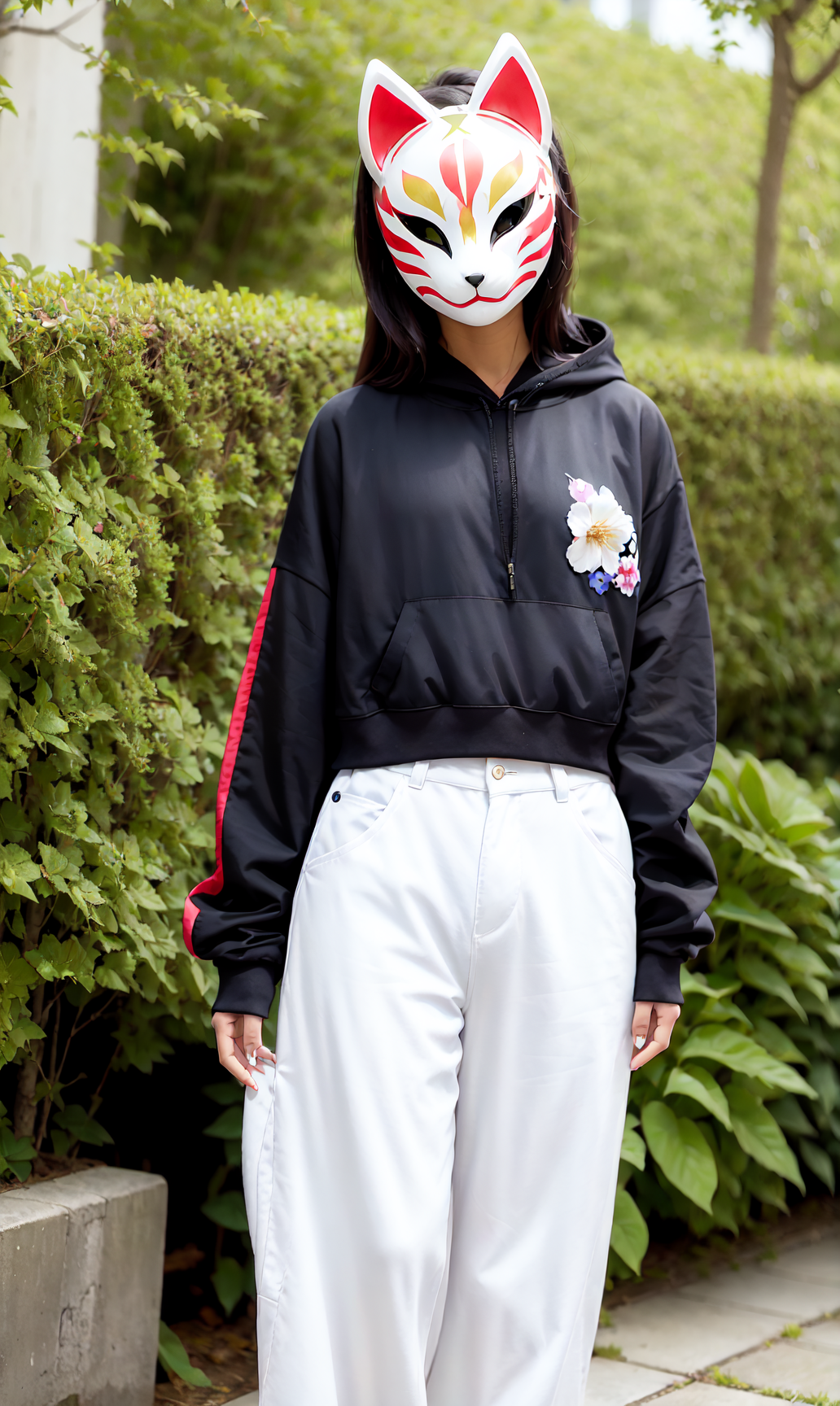 19883-2955372889-kitsunemask  a person wearing a kitsunemask on face,  in techwear jacket and jeans, in a garden with beautiful flowers, long hai.png